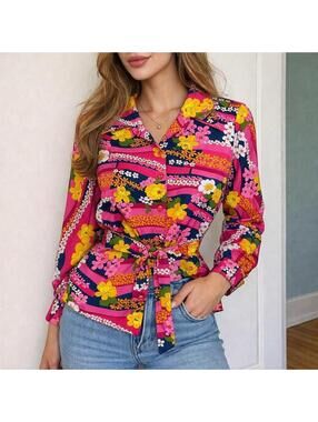 Vintage 70s Pink Floral Psychedelic Belted Blouse Top Alex Colman Medium